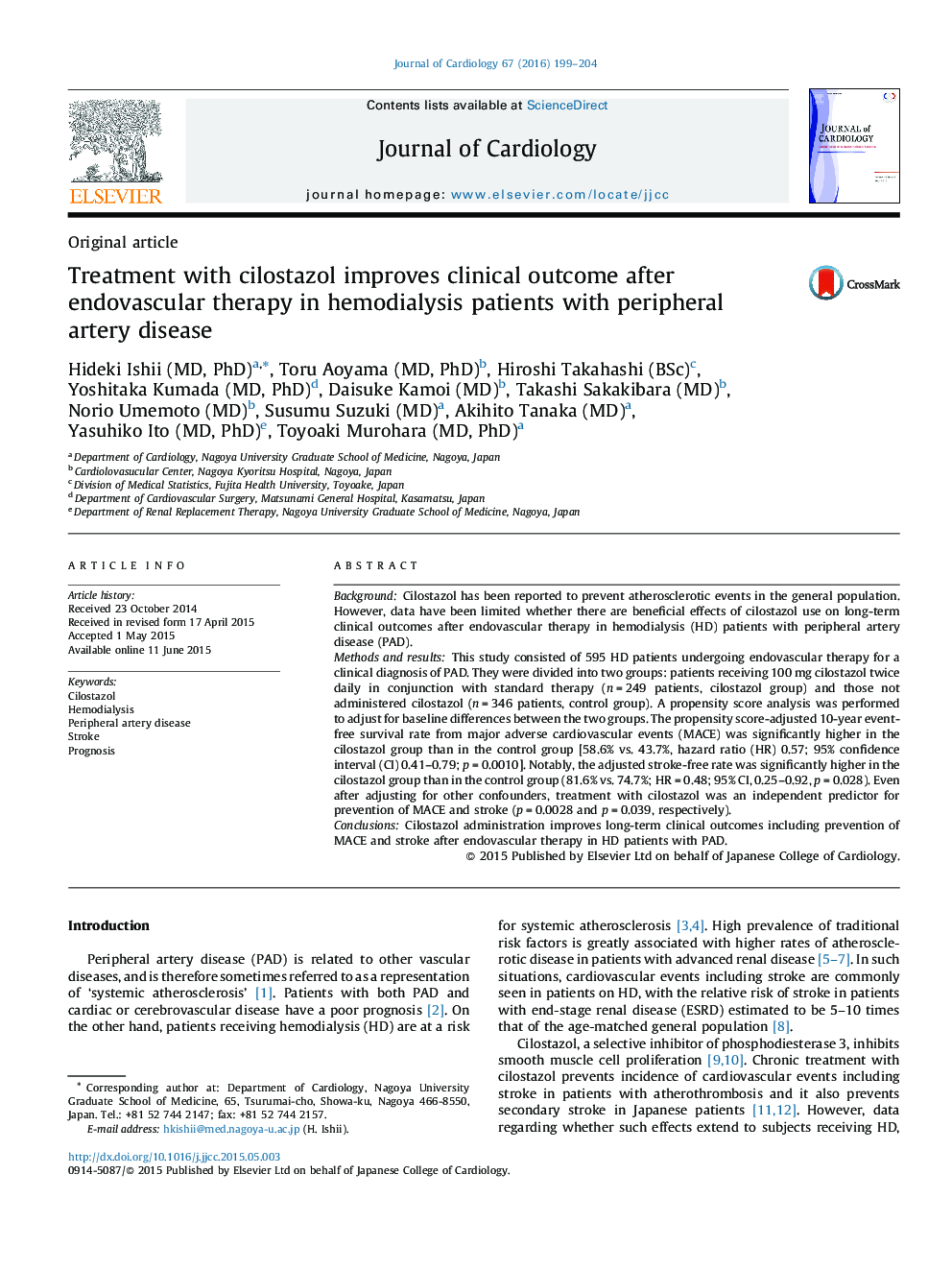 Treatment with cilostazol improves clinical outcome after endovascular therapy in hemodialysis patients with peripheral artery disease