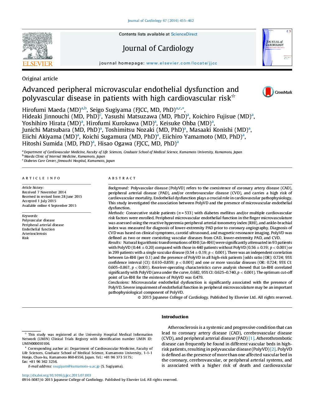 Advanced peripheral microvascular endothelial dysfunction and polyvascular disease in patients with high cardiovascular risk 