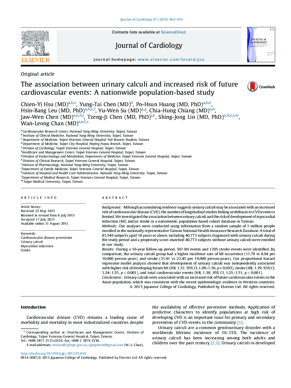 The association between urinary calculi and increased risk of future cardiovascular events: A nationwide population-based study