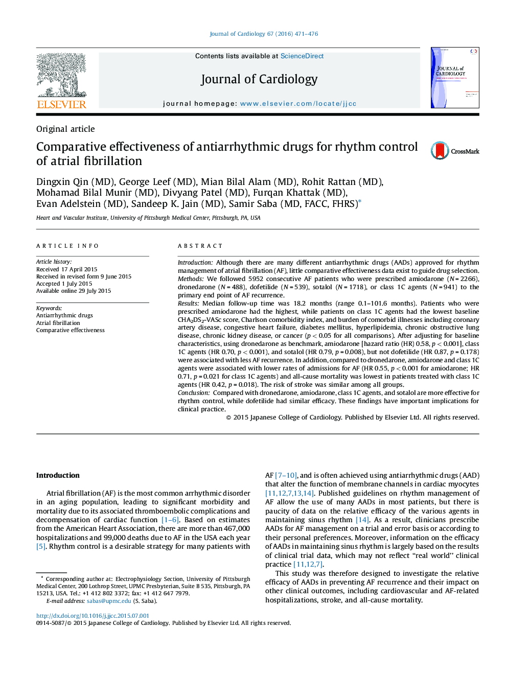 Comparative effectiveness of antiarrhythmic drugs for rhythm control of atrial fibrillation