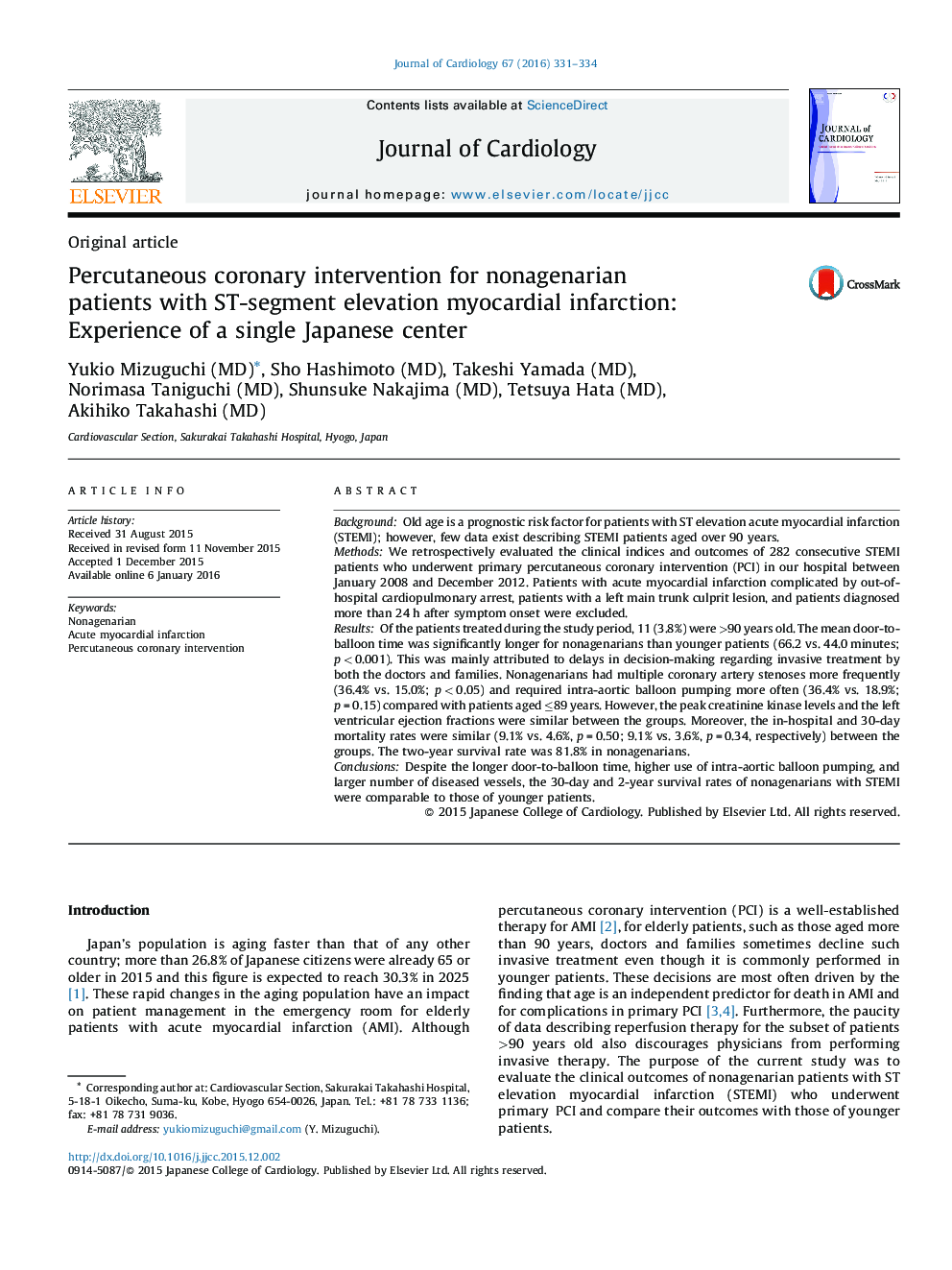 Percutaneous coronary intervention for nonagenarian patients with ST-segment elevation myocardial infarction: Experience of a single Japanese center