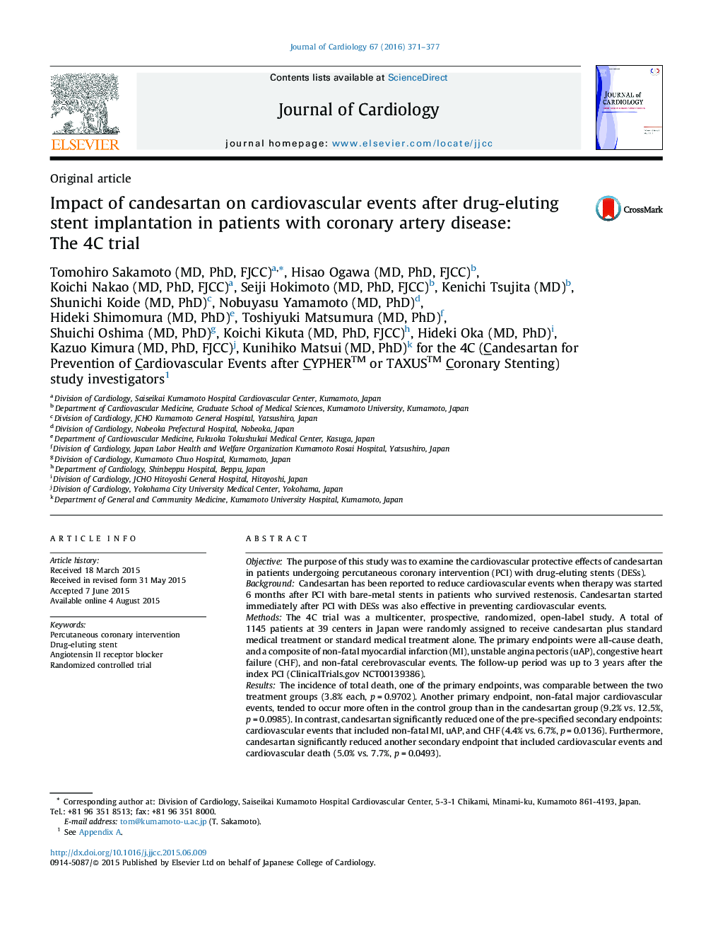 Impact of candesartan on cardiovascular events after drug-eluting stent implantation in patients with coronary artery disease: The 4C trial