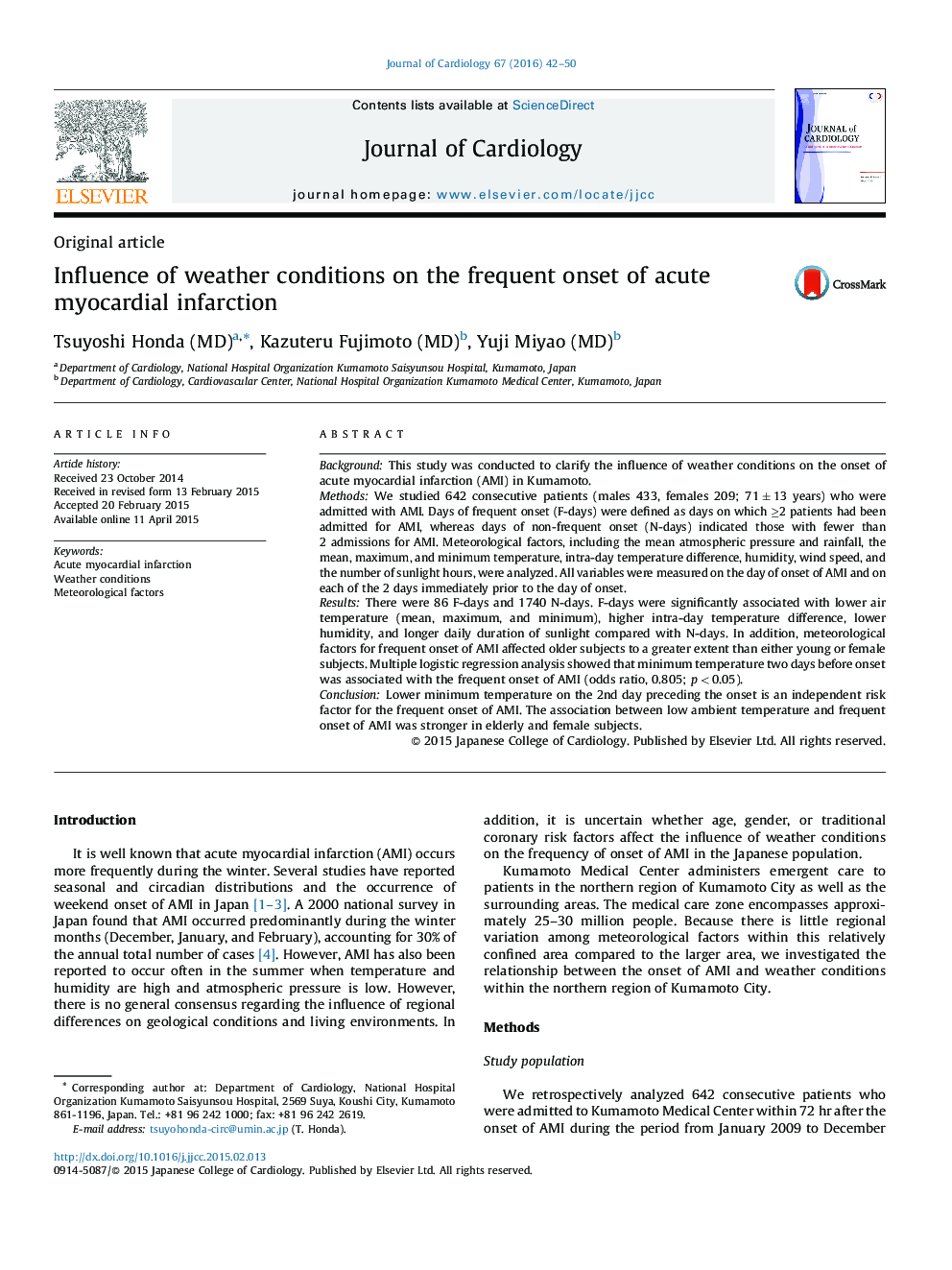 Influence of weather conditions on the frequent onset of acute myocardial infarction