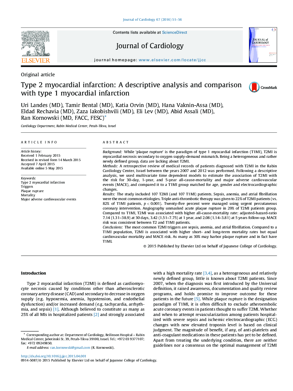 Type 2 myocardial infarction: A descriptive analysis and comparison with type 1 myocardial infarction