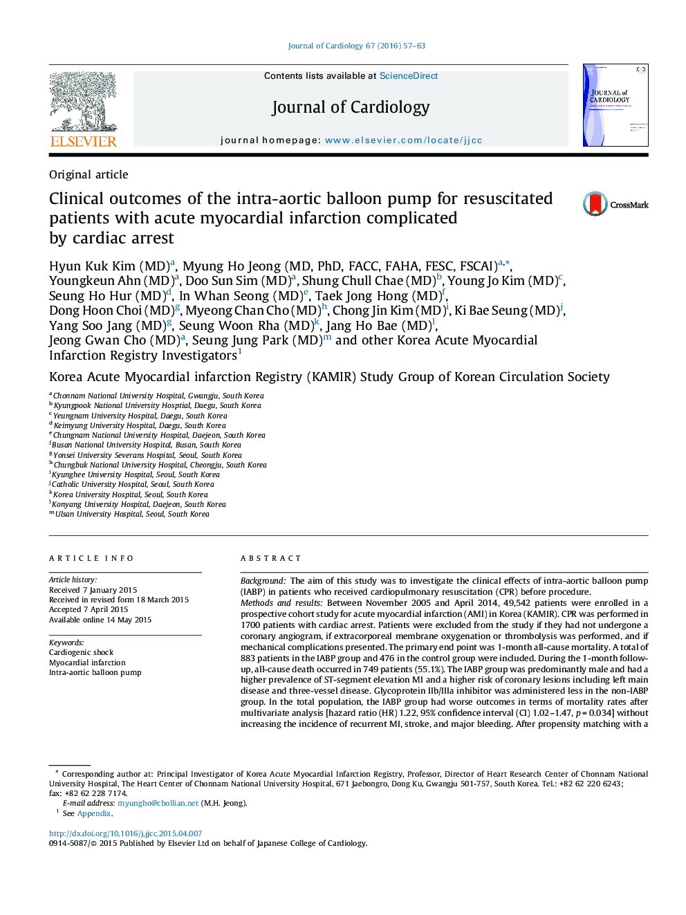 Clinical outcomes of the intra-aortic balloon pump for resuscitated patients with acute myocardial infarction complicated by cardiac arrest