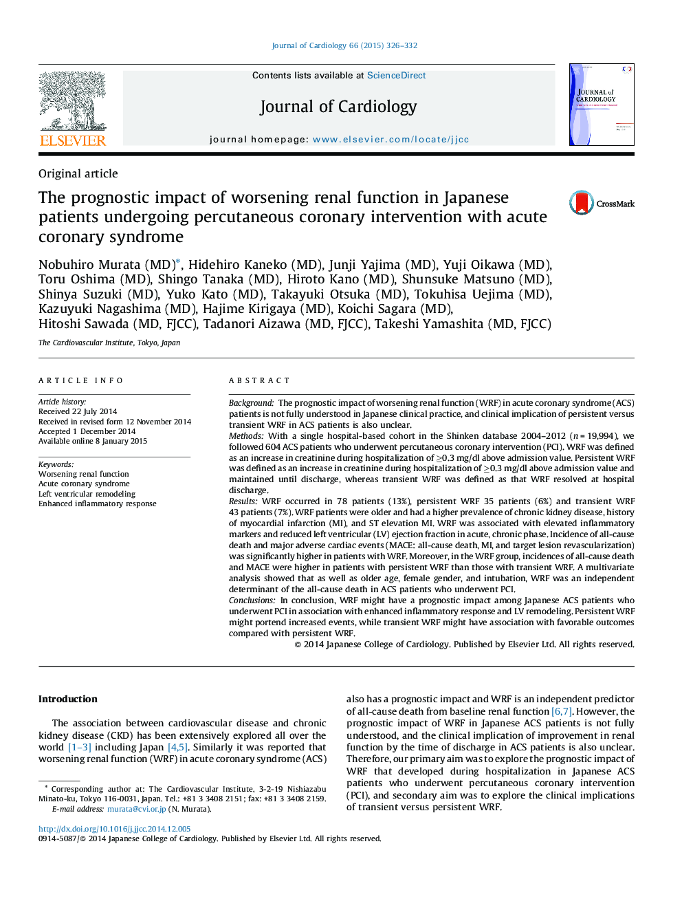 The prognostic impact of worsening renal function in Japanese patients undergoing percutaneous coronary intervention with acute coronary syndrome