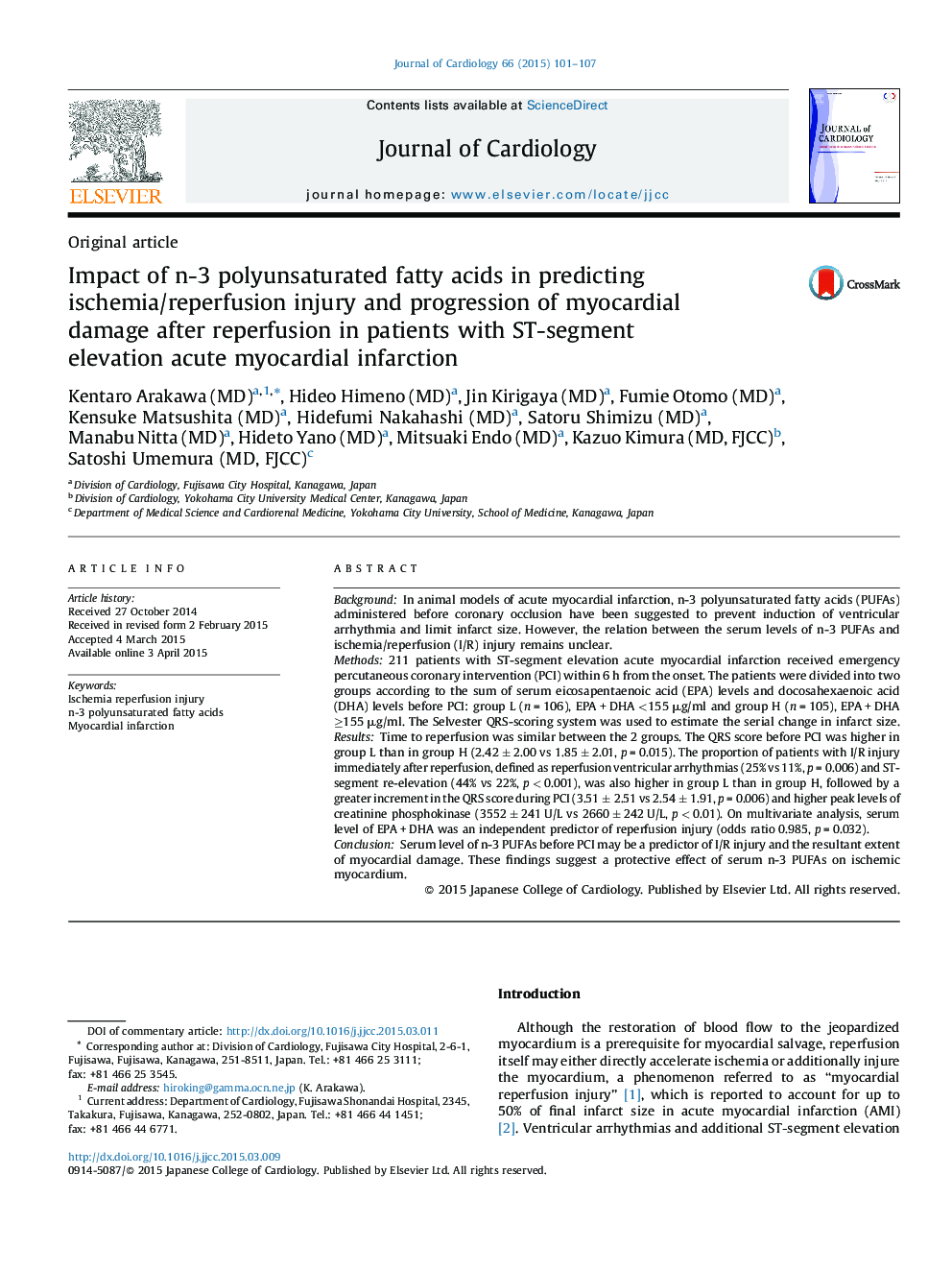 Impact of n-3 polyunsaturated fatty acids in predicting ischemia/reperfusion injury and progression of myocardial damage after reperfusion in patients with ST-segment elevation acute myocardial infarction