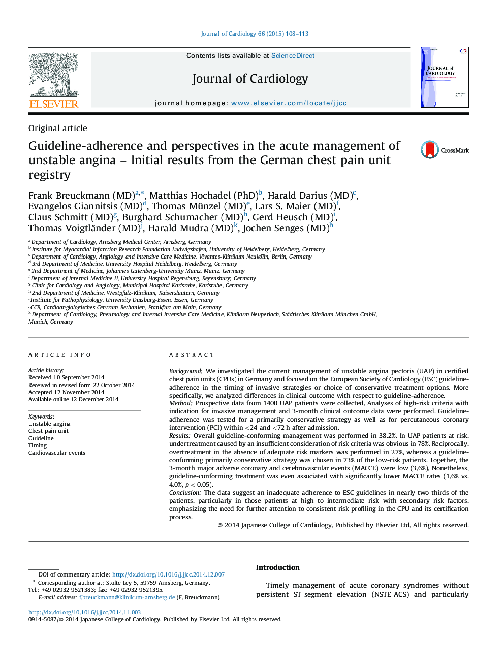 Guideline-adherence and perspectives in the acute management of unstable angina – Initial results from the German chest pain unit registry