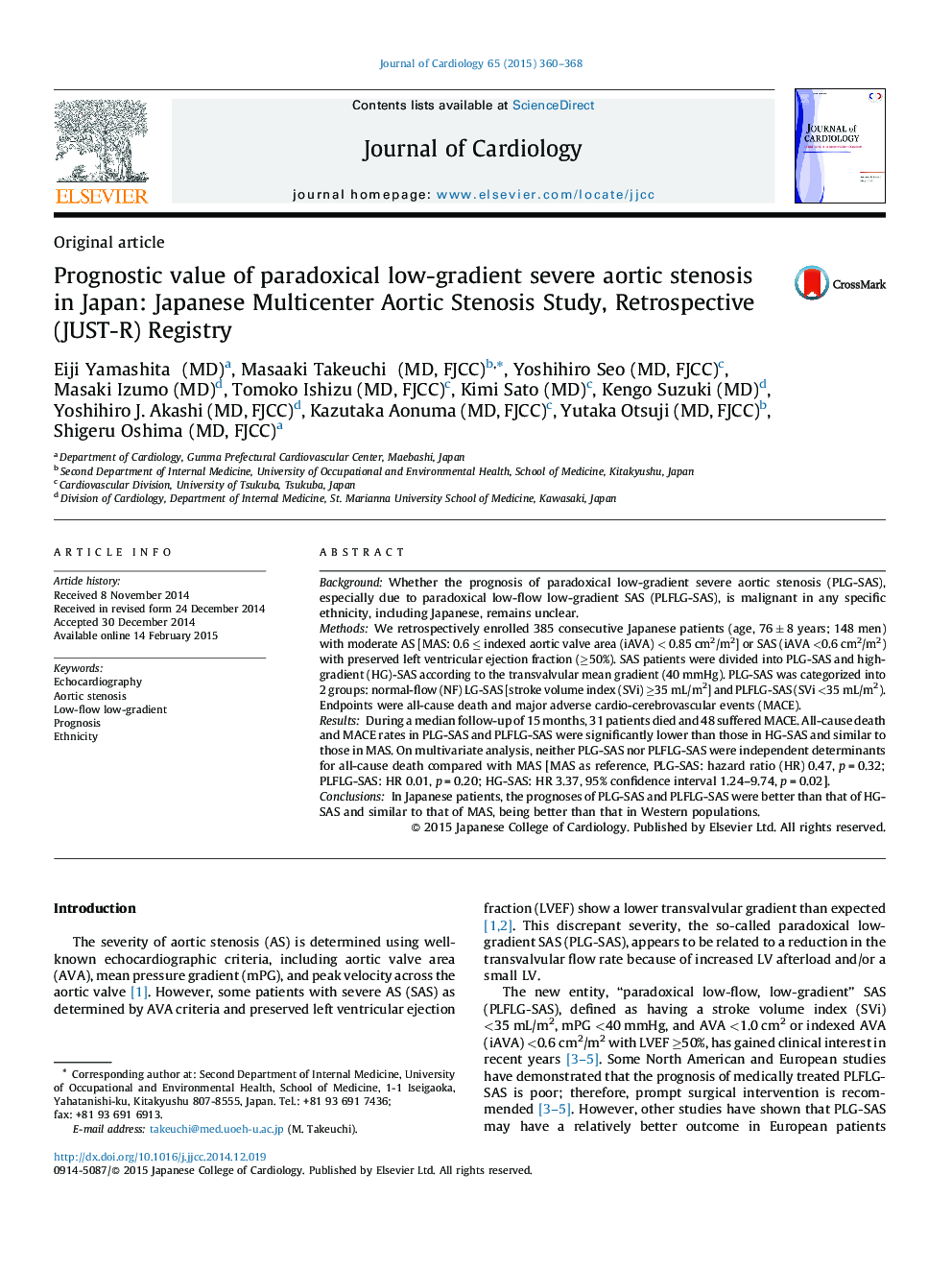 Prognostic value of paradoxical low-gradient severe aortic stenosis in Japan: Japanese Multicenter Aortic Stenosis Study, Retrospective (JUST-R) Registry