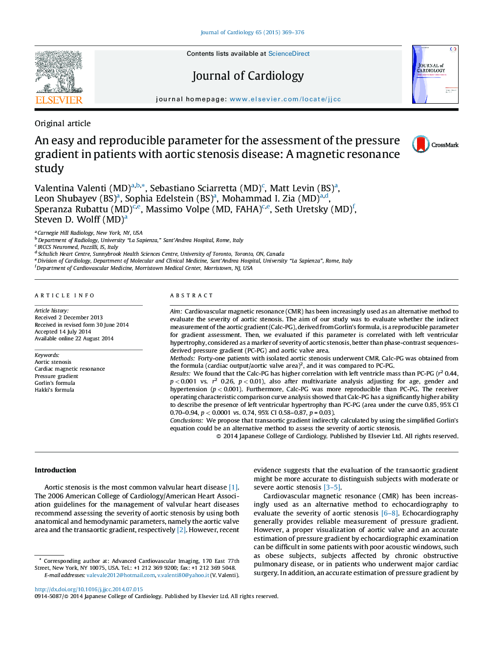 An easy and reproducible parameter for the assessment of the pressure gradient in patients with aortic stenosis disease: A magnetic resonance study