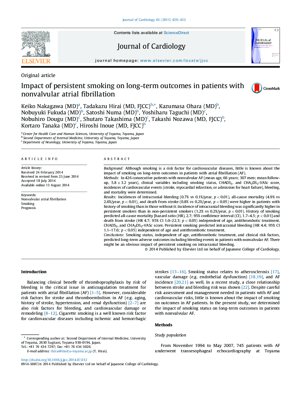 Impact of persistent smoking on long-term outcomes in patients with nonvalvular atrial fibrillation