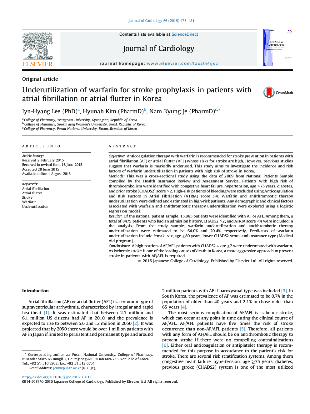Underutilization of warfarin for stroke prophylaxis in patients with atrial fibrillation or atrial flutter in Korea