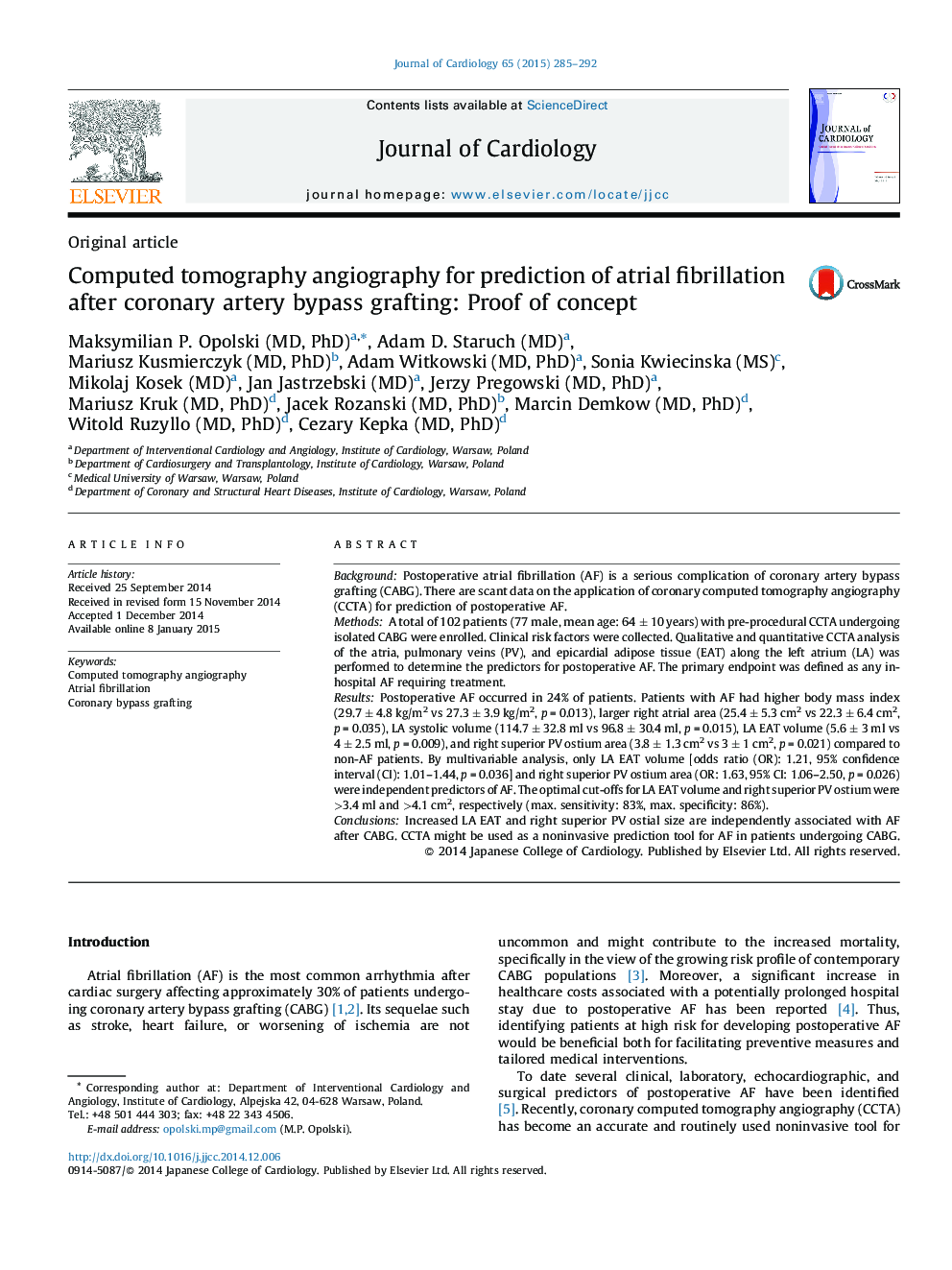 Computed tomography angiography for prediction of atrial fibrillation after coronary artery bypass grafting: Proof of concept