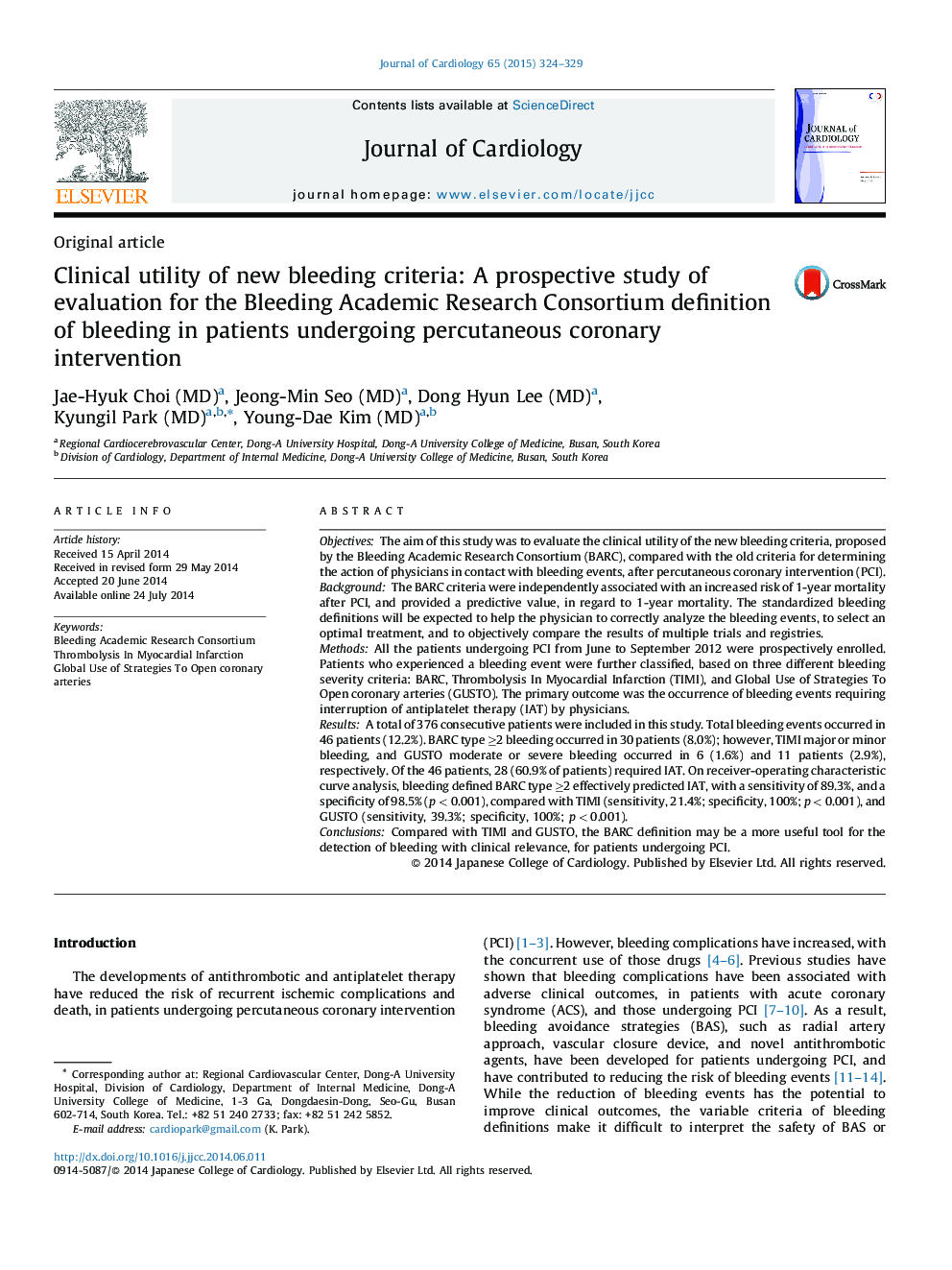 Clinical utility of new bleeding criteria: A prospective study of evaluation for the Bleeding Academic Research Consortium definition of bleeding in patients undergoing percutaneous coronary intervention