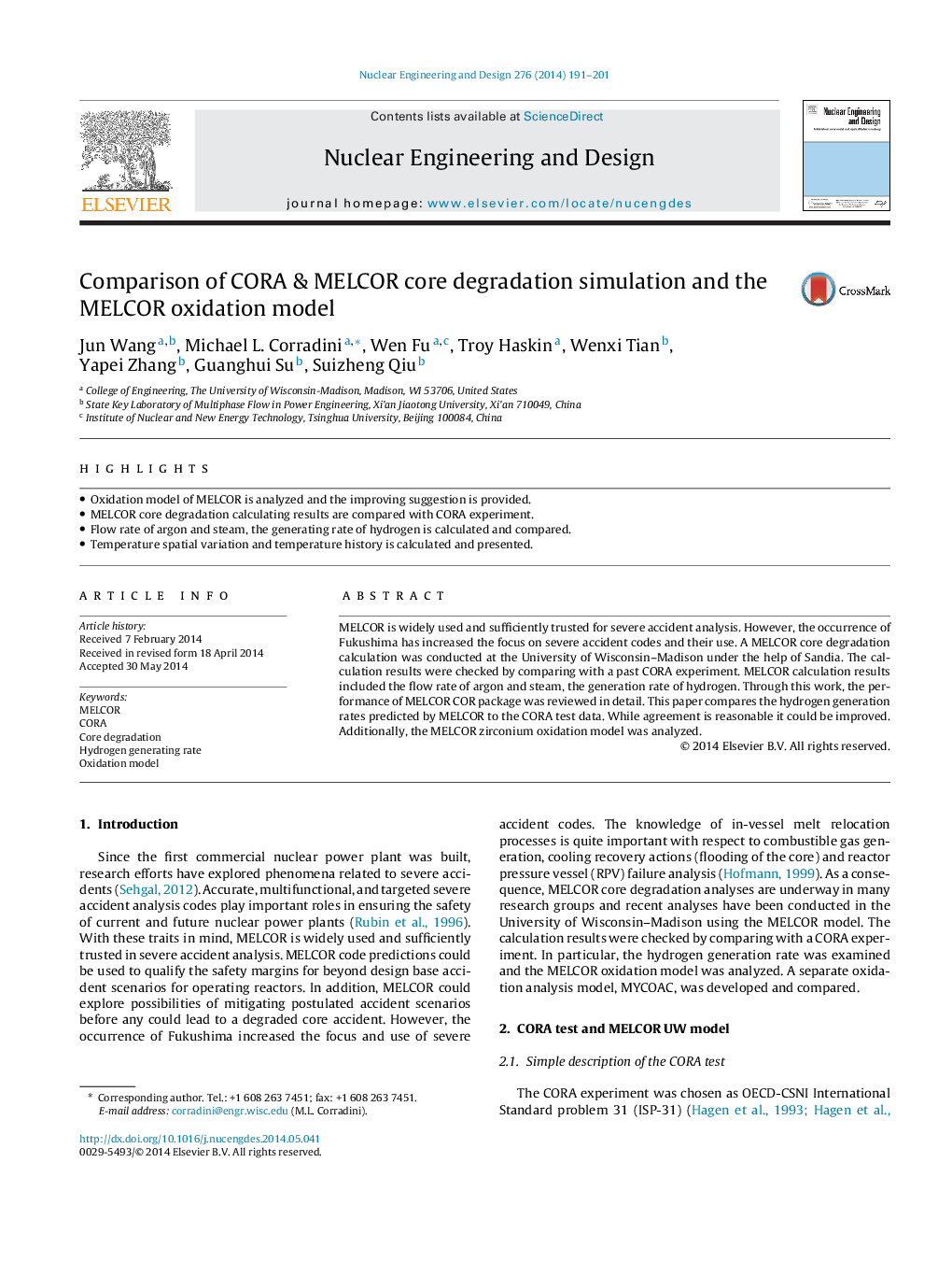 Comparison of CORA & MELCOR core degradation simulation and the MELCOR oxidation model