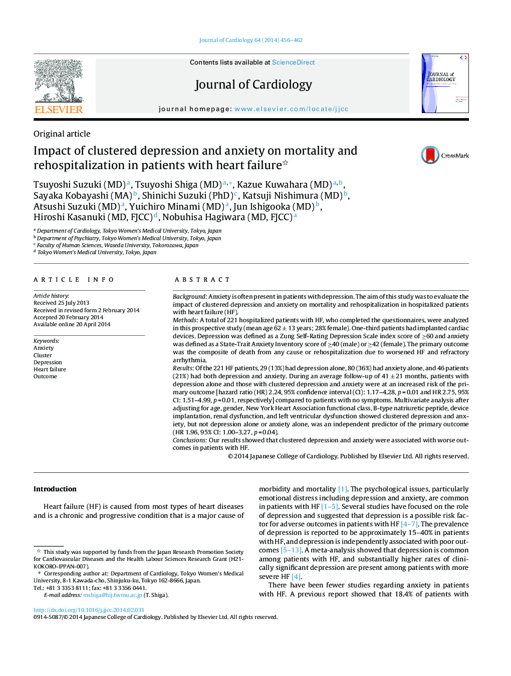 Impact of clustered depression and anxiety on mortality and rehospitalization in patients with heart failure 