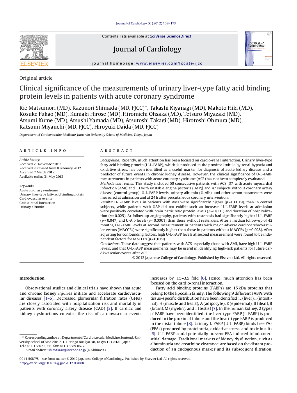 Clinical significance of the measurements of urinary liver-type fatty acid binding protein levels in patients with acute coronary syndrome