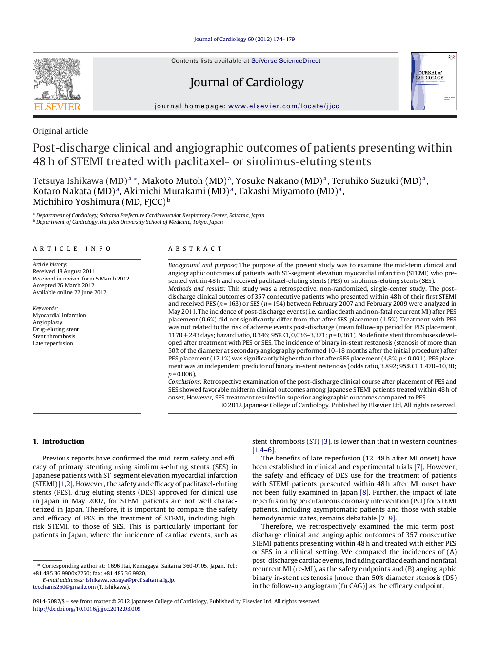 Post-discharge clinical and angiographic outcomes of patients presenting within 48 h of STEMI treated with paclitaxel- or sirolimus-eluting stents