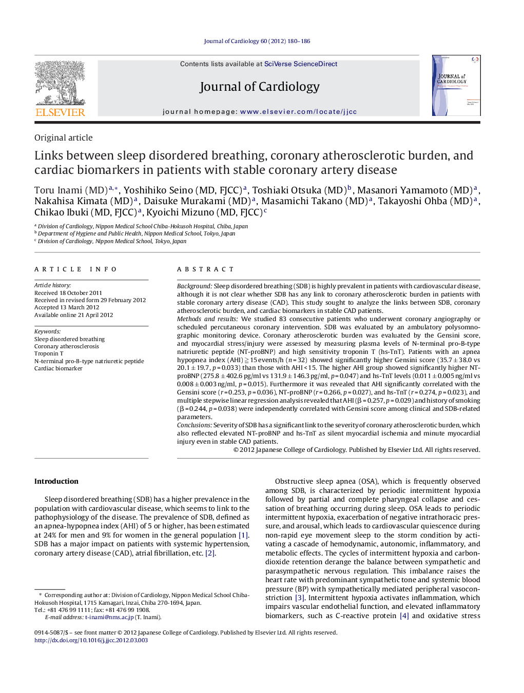 Links between sleep disordered breathing, coronary atherosclerotic burden, and cardiac biomarkers in patients with stable coronary artery disease