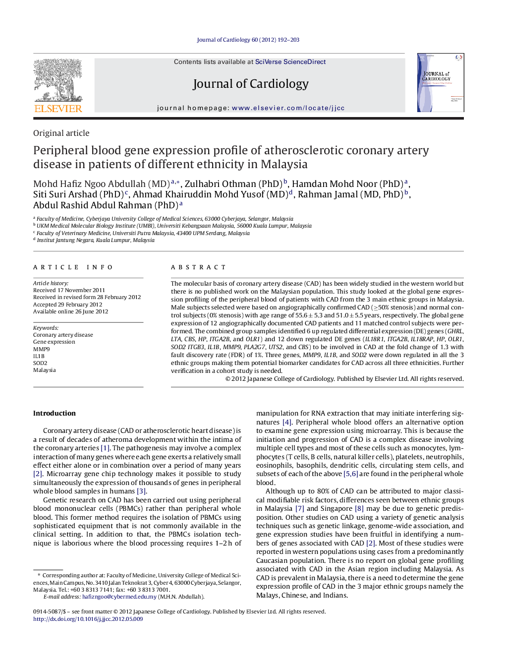 Peripheral blood gene expression profile of atherosclerotic coronary artery disease in patients of different ethnicity in Malaysia