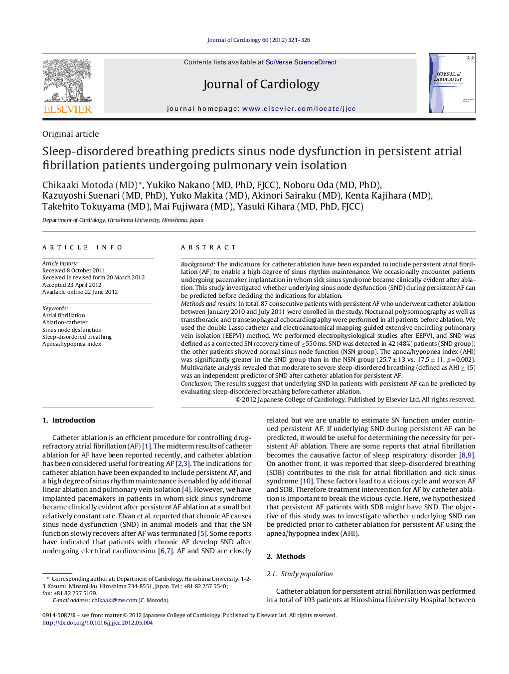 Sleep-disordered breathing predicts sinus node dysfunction in persistent atrial fibrillation patients undergoing pulmonary vein isolation