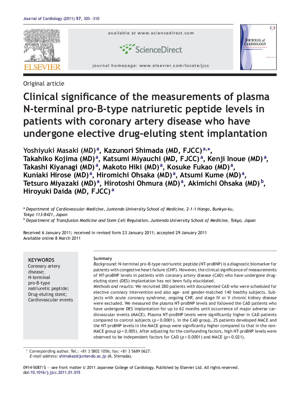 Clinical significance of the measurements of plasma N-terminal pro-B-type natriuretic peptide levels in patients with coronary artery disease who have undergone elective drug-eluting stent implantation