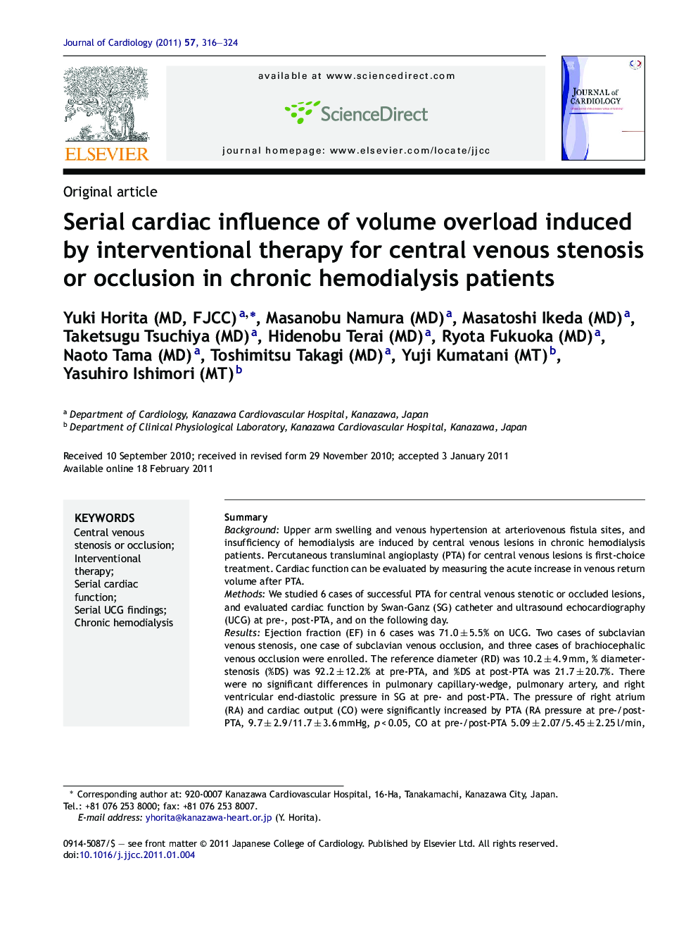 Serial cardiac influence of volume overload induced by interventional therapy for central venous stenosis or occlusion in chronic hemodialysis patients
