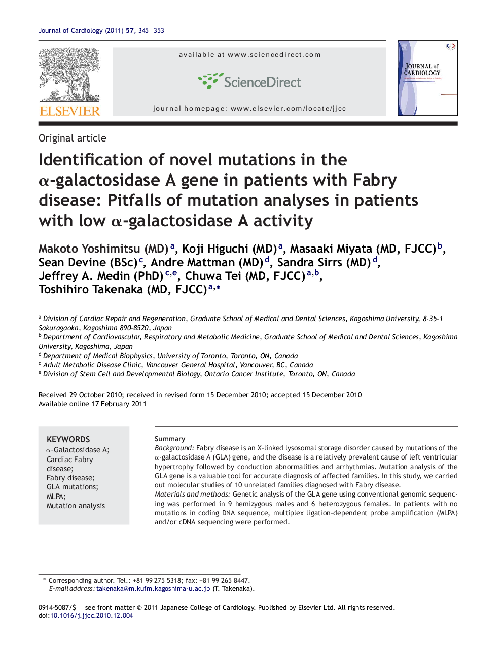 Identification of novel mutations in the α-galactosidase A gene in patients with Fabry disease: Pitfalls of mutation analyses in patients with low α-galactosidase A activity