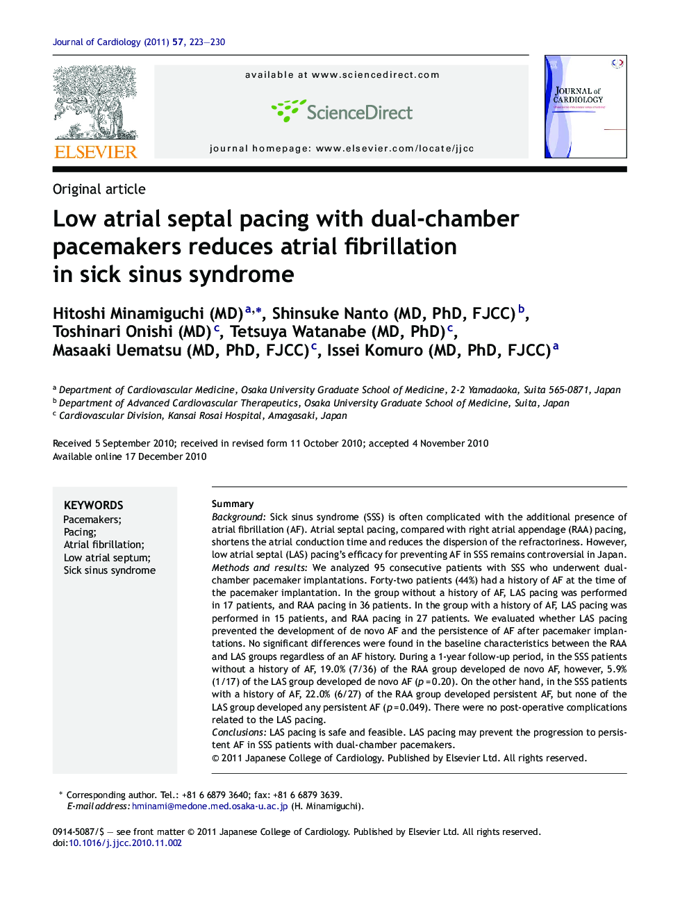 Low atrial septal pacing with dual-chamber pacemakers reduces atrial fibrillation in sick sinus syndrome