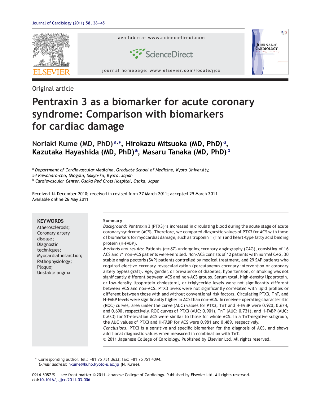 Pentraxin 3 as a biomarker for acute coronary syndrome: Comparison with biomarkers for cardiac damage