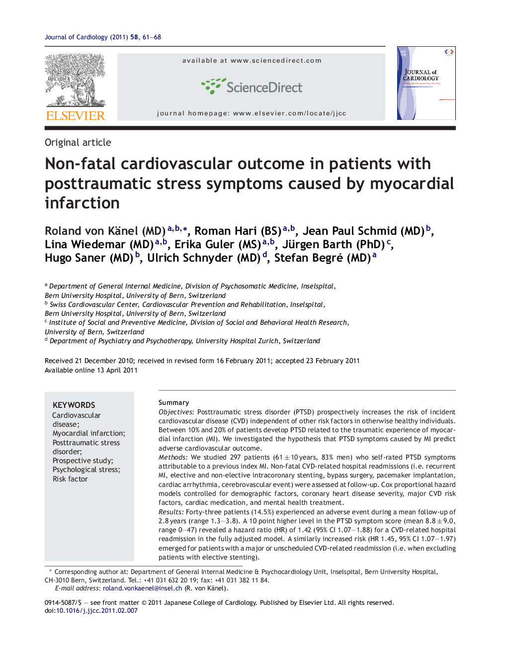 Non-fatal cardiovascular outcome in patients with posttraumatic stress symptoms caused by myocardial infarction