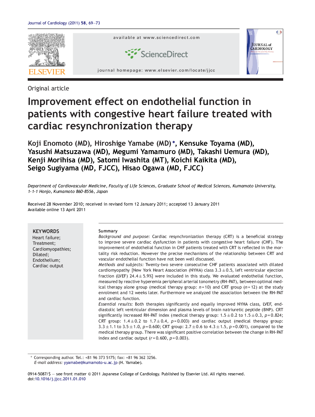 Improvement effect on endothelial function in patients with congestive heart failure treated with cardiac resynchronization therapy