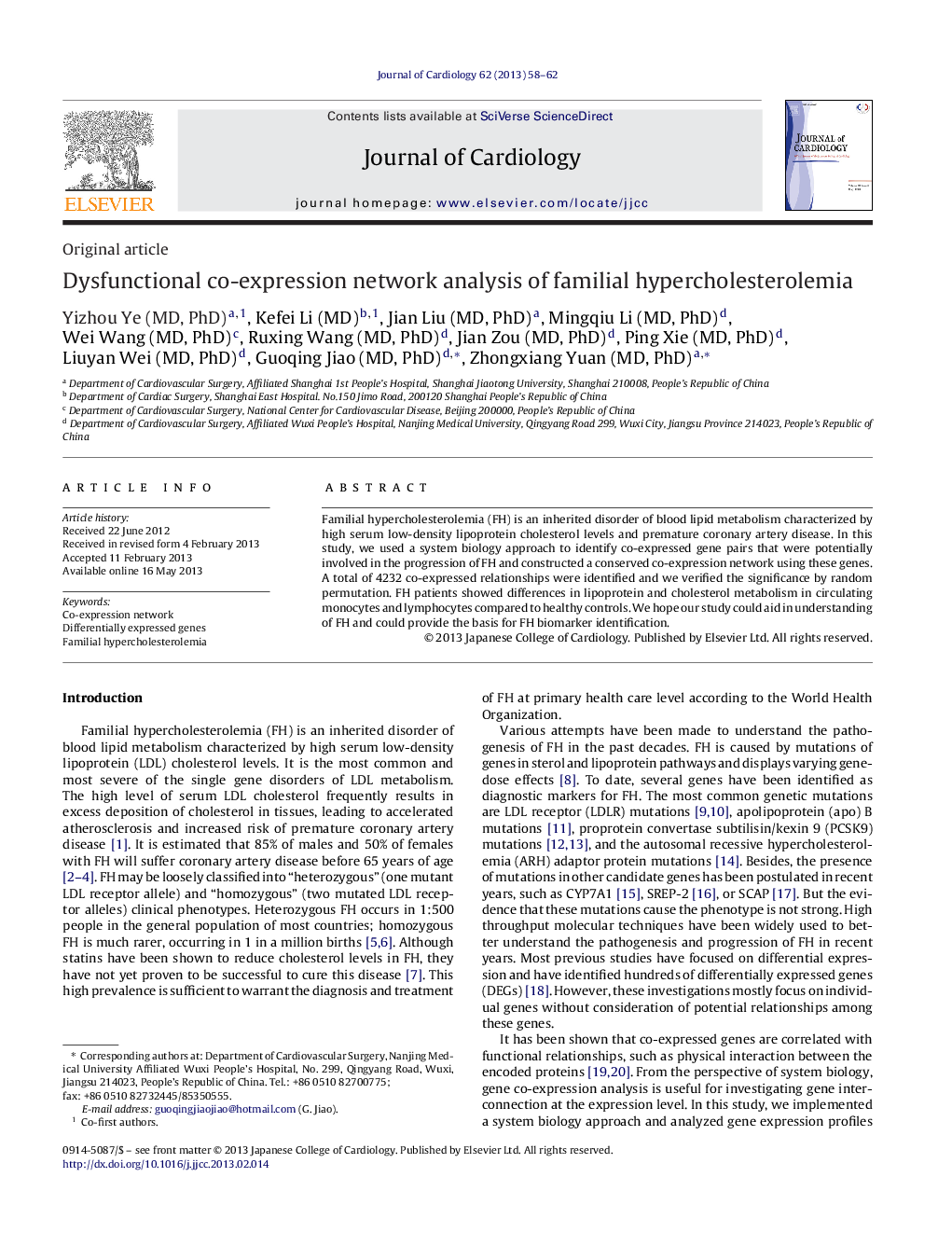 Dysfunctional co-expression network analysis of familial hypercholesterolemia