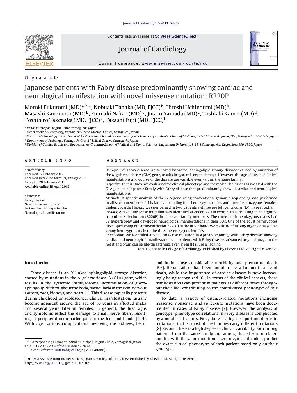 Japanese patients with Fabry disease predominantly showing cardiac and neurological manifestation with novel missense mutation: R220P