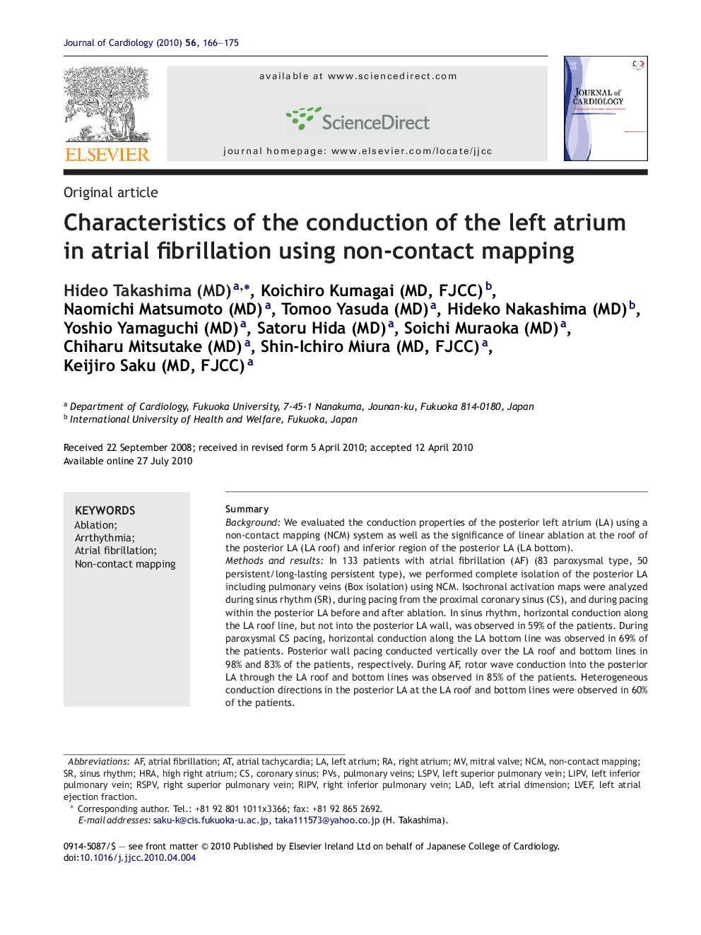 Characteristics of the conduction of the left atrium in atrial fibrillation using non-contact mapping