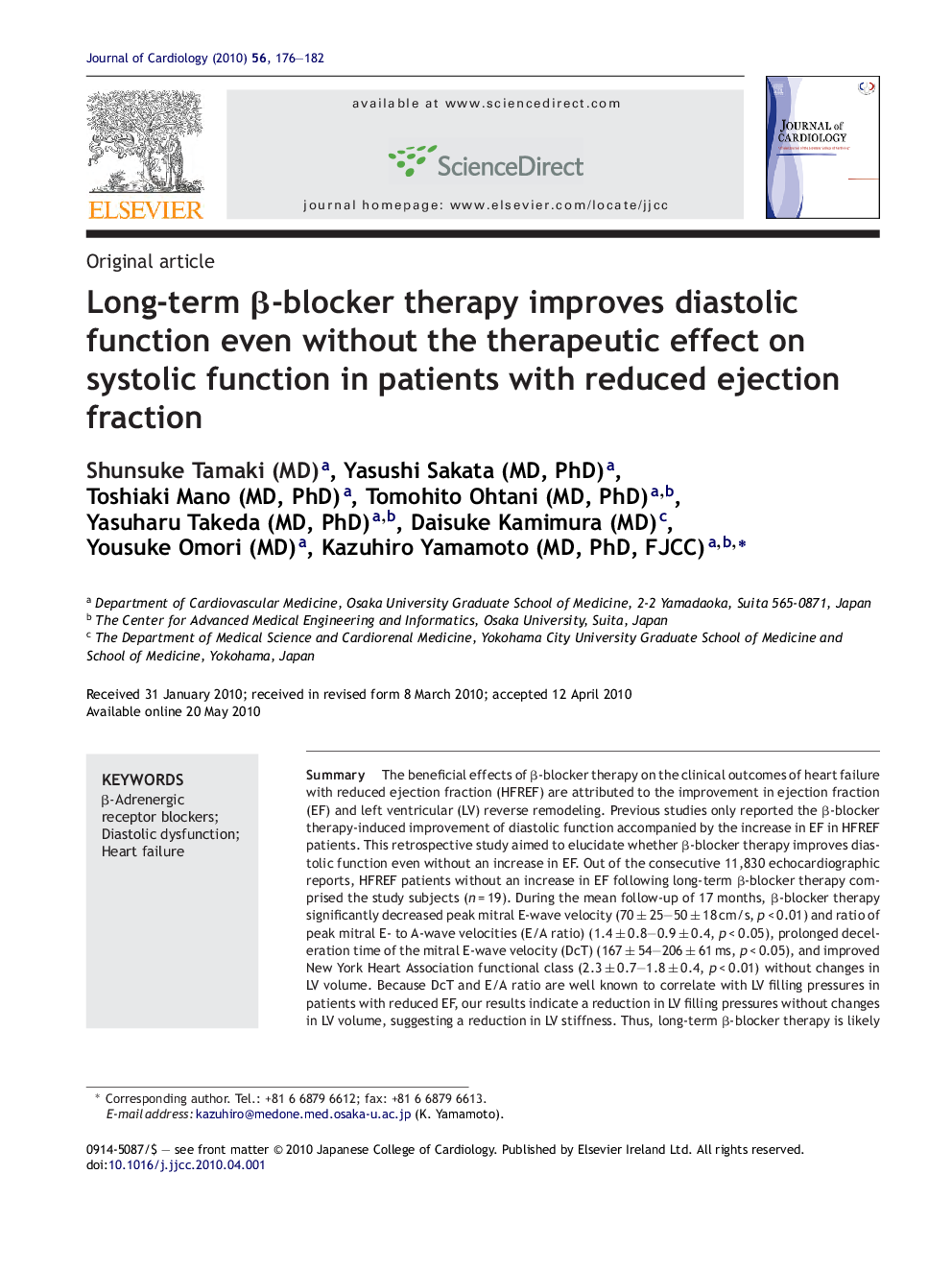 Long-term β-blocker therapy improves diastolic function even without the therapeutic effect on systolic function in patients with reduced ejection fraction