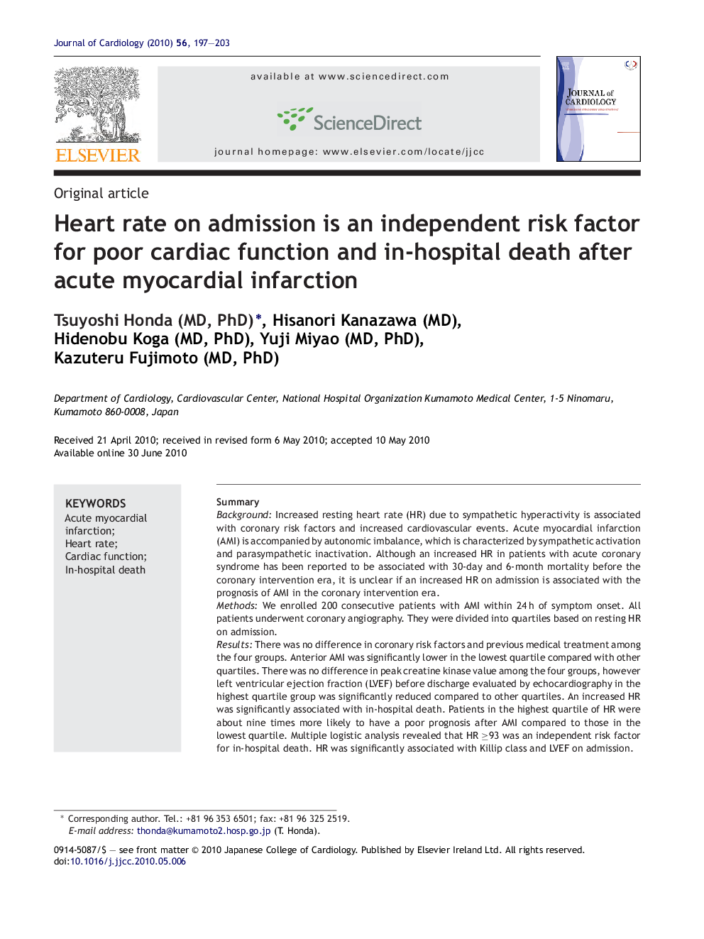 Heart rate on admission is an independent risk factor for poor cardiac function and in-hospital death after acute myocardial infarction