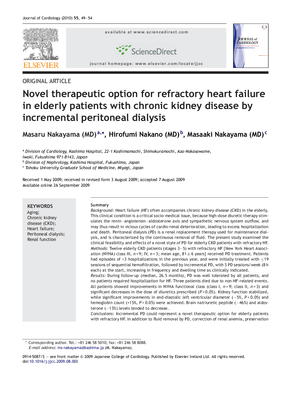 Novel therapeutic option for refractory heart failure in elderly patients with chronic kidney disease by incremental peritoneal dialysis