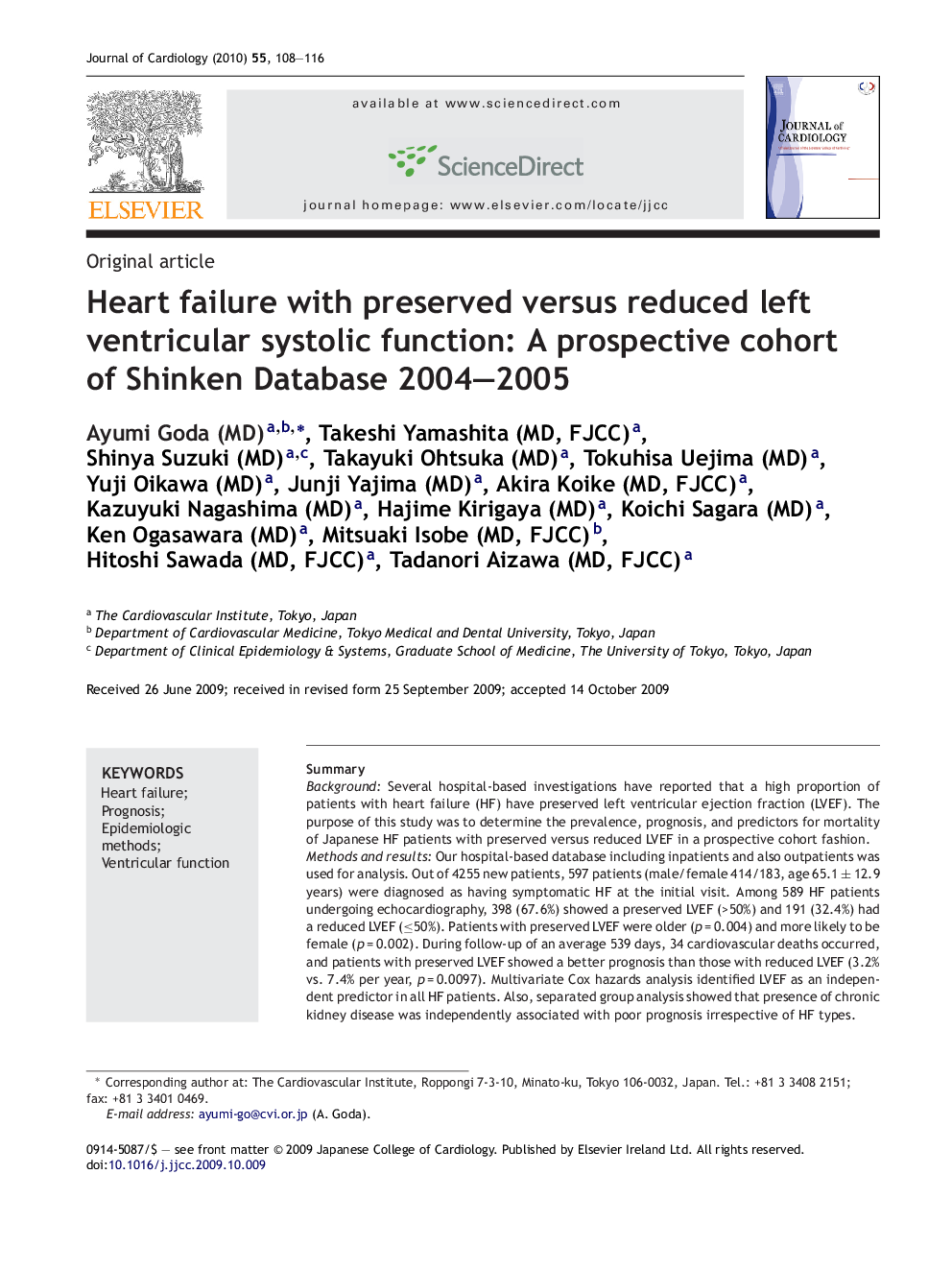 Heart failure with preserved versus reduced left ventricular systolic function: A prospective cohort of Shinken Database 2004–2005