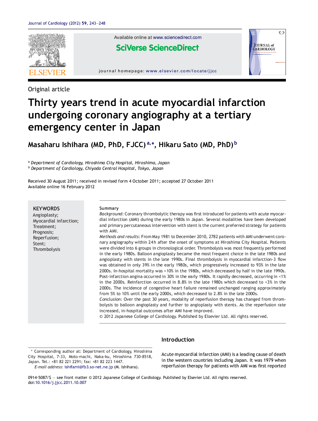 Thirty years trend in acute myocardial infarction undergoing coronary angiography at a tertiary emergency center in Japan