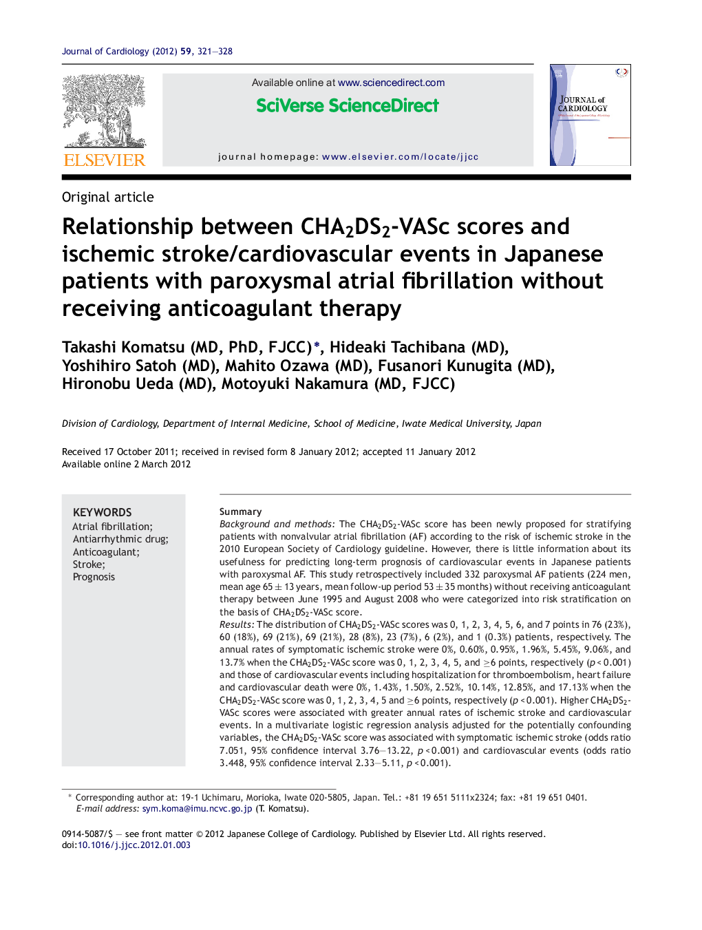 Relationship between CHA2DS2-VASc scores and ischemic stroke/cardiovascular events in Japanese patients with paroxysmal atrial fibrillation without receiving anticoagulant therapy