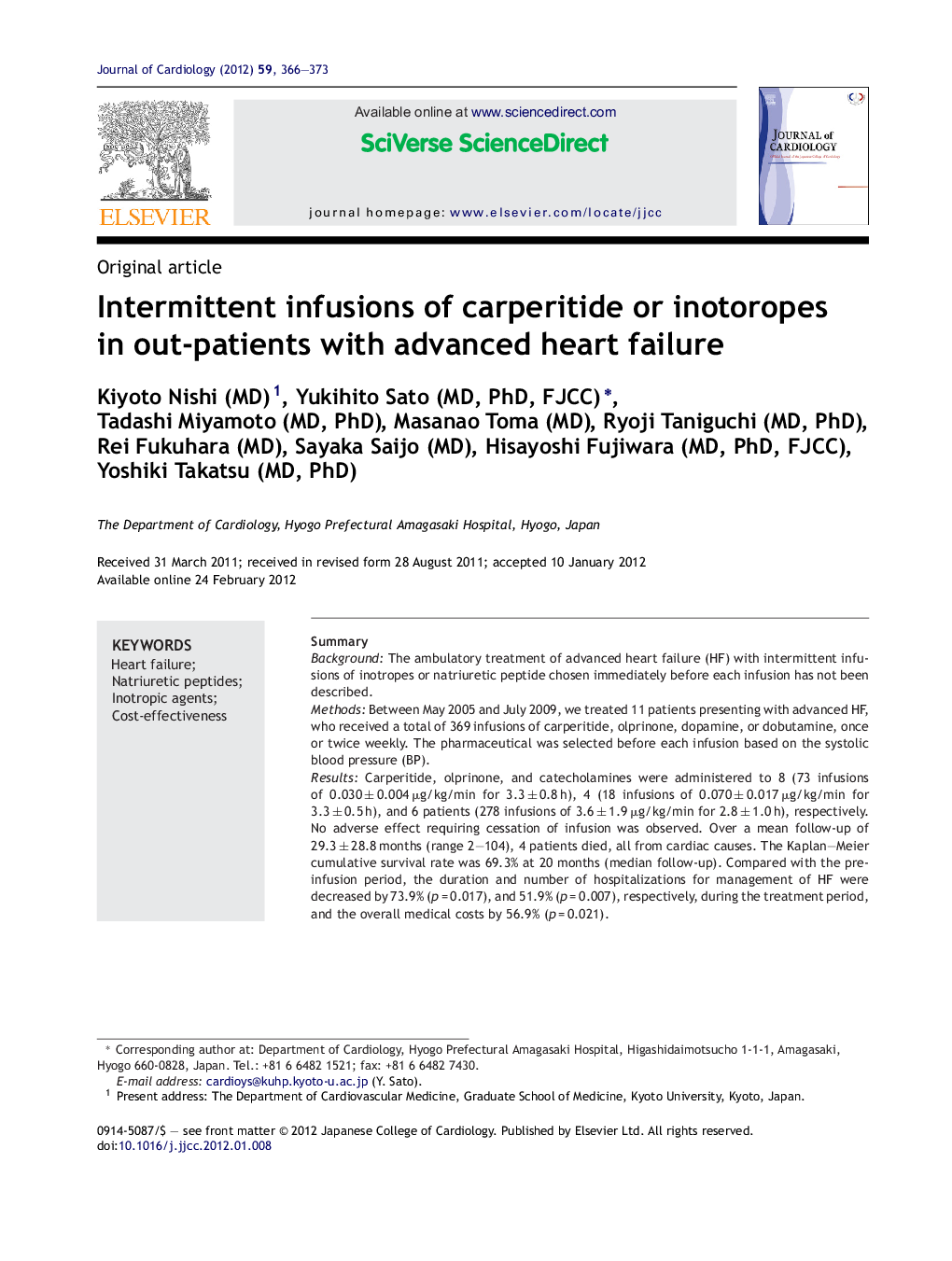 Intermittent infusions of carperitide or inotoropes in out-patients with advanced heart failure