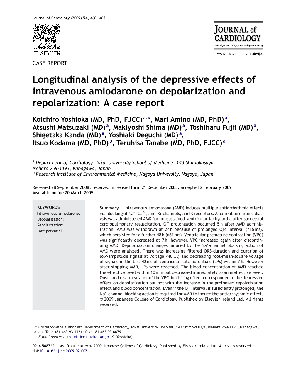 Longitudinal analysis of the depressive effects of intravenous amiodarone on depolarization and repolarization: A case report