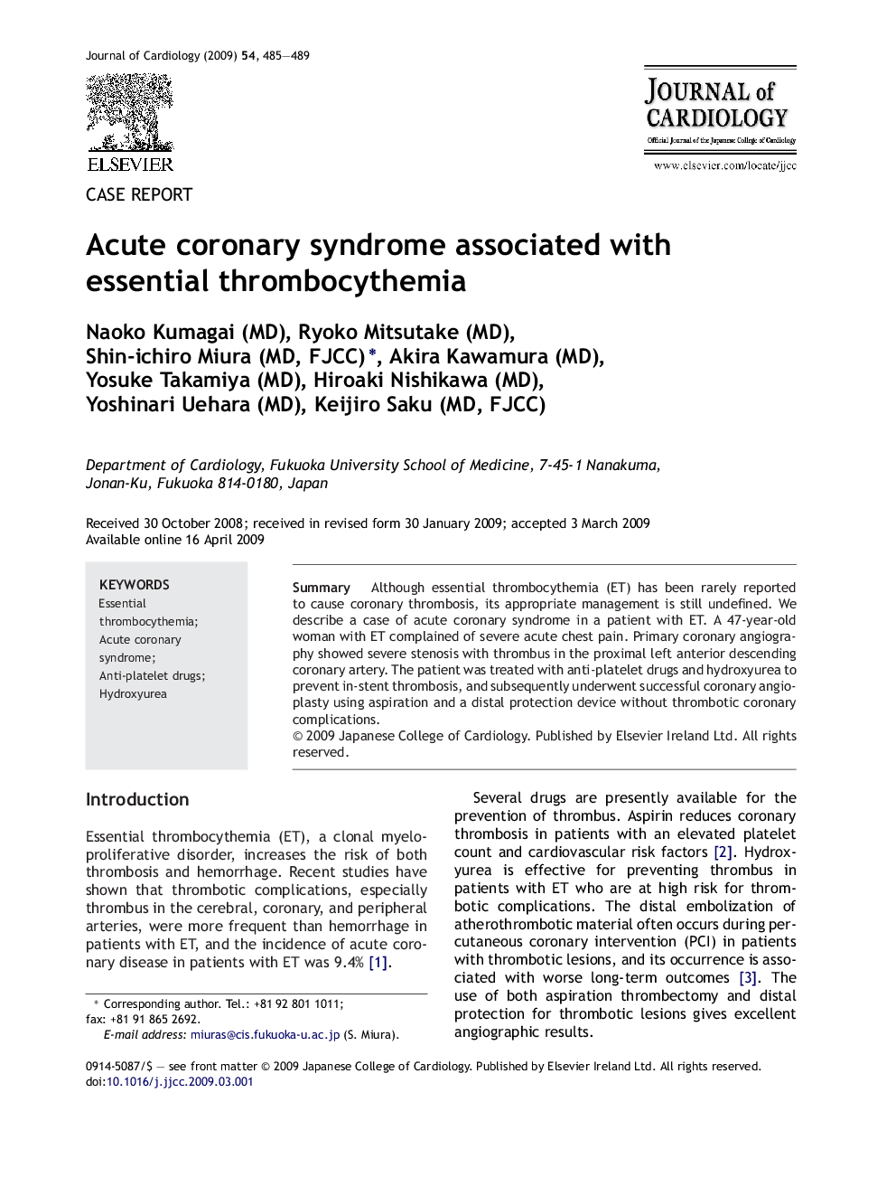 Acute coronary syndrome associated with essential thrombocythemia