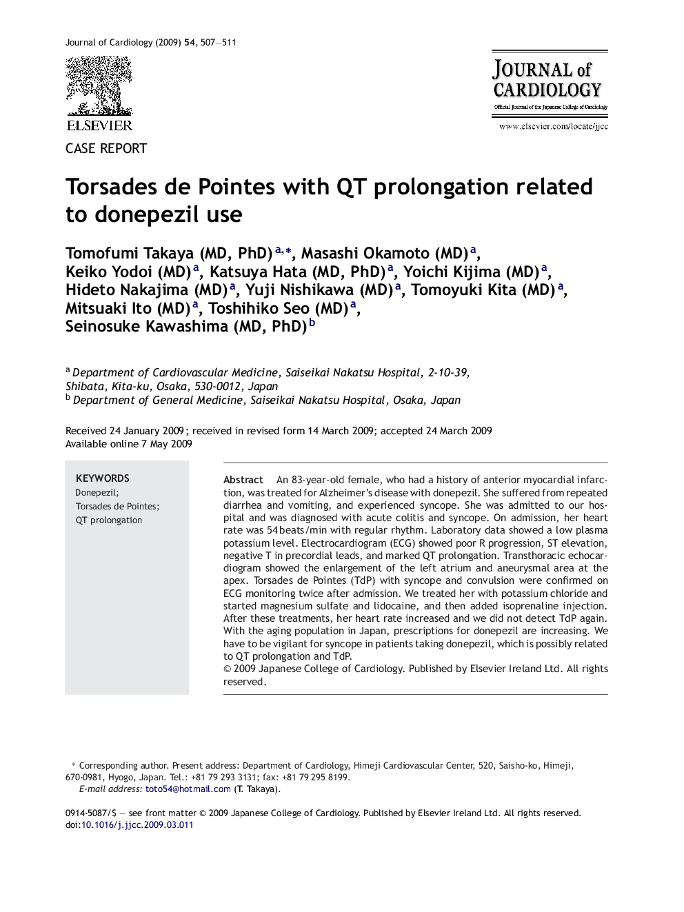 Torsades de Pointes with QT prolongation related to donepezil use