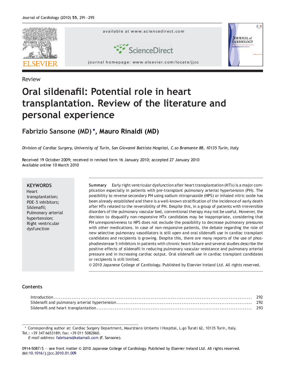 Oral sildenafil: Potential role in heart transplantation. Review of the literature and personal experience