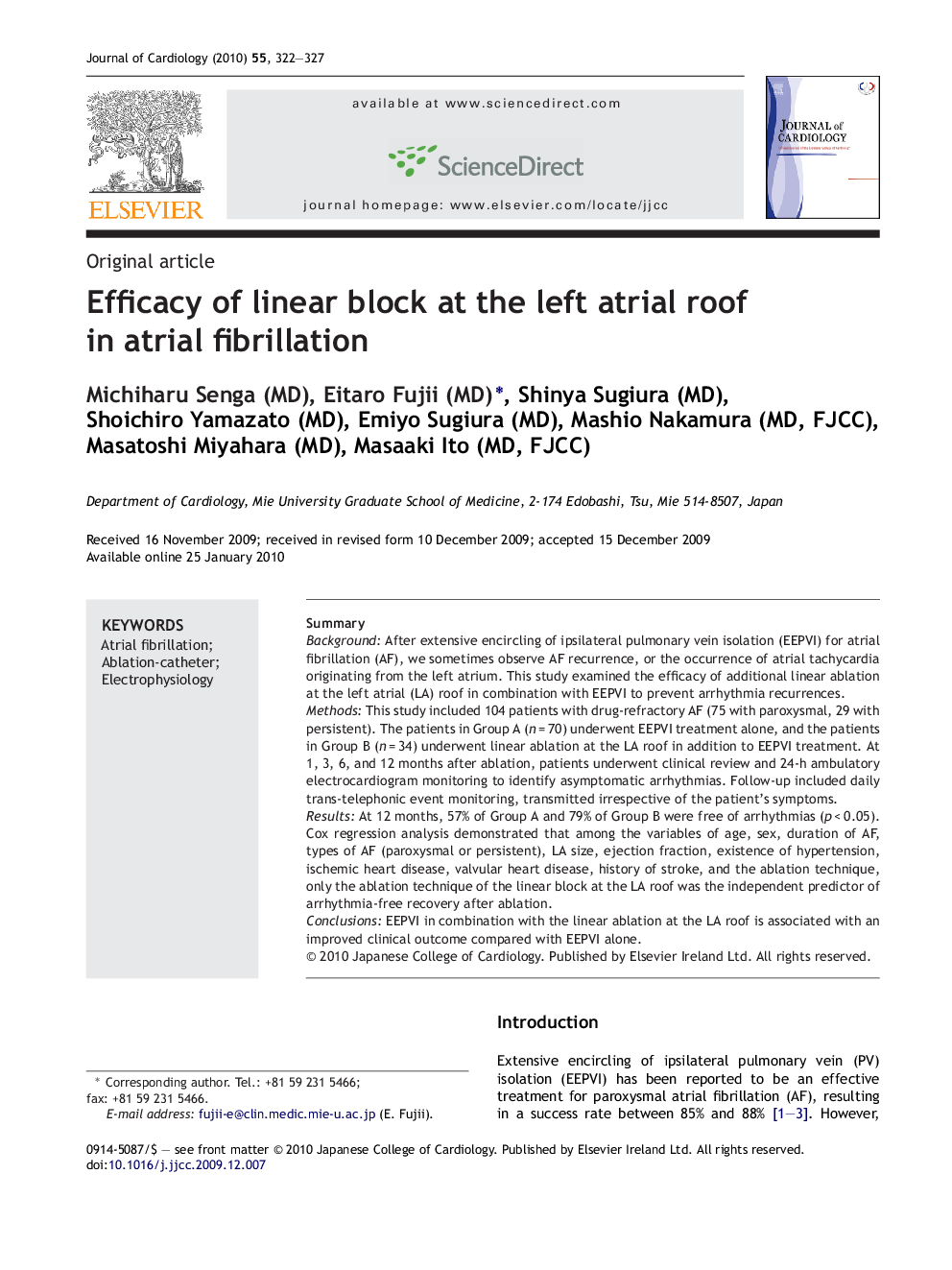 Efficacy of linear block at the left atrial roof in atrial fibrillation