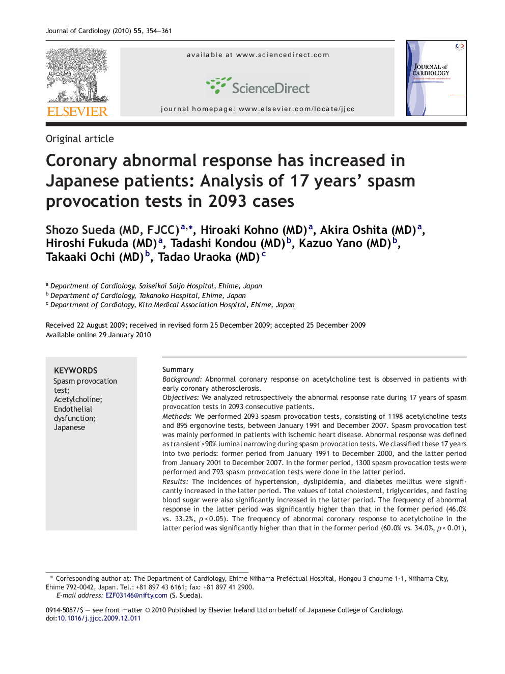 Coronary abnormal response has increased in Japanese patients: Analysis of 17 years’ spasm provocation tests in 2093 cases