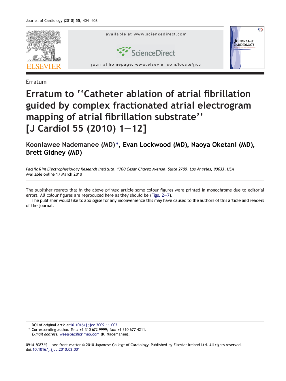 Erratum to “Catheter ablation of atrial fibrillation guided by complex fractionated atrial electrogram mapping of atrial fibrillation substrate” [J Cardiol 55 (2010) 1-12]