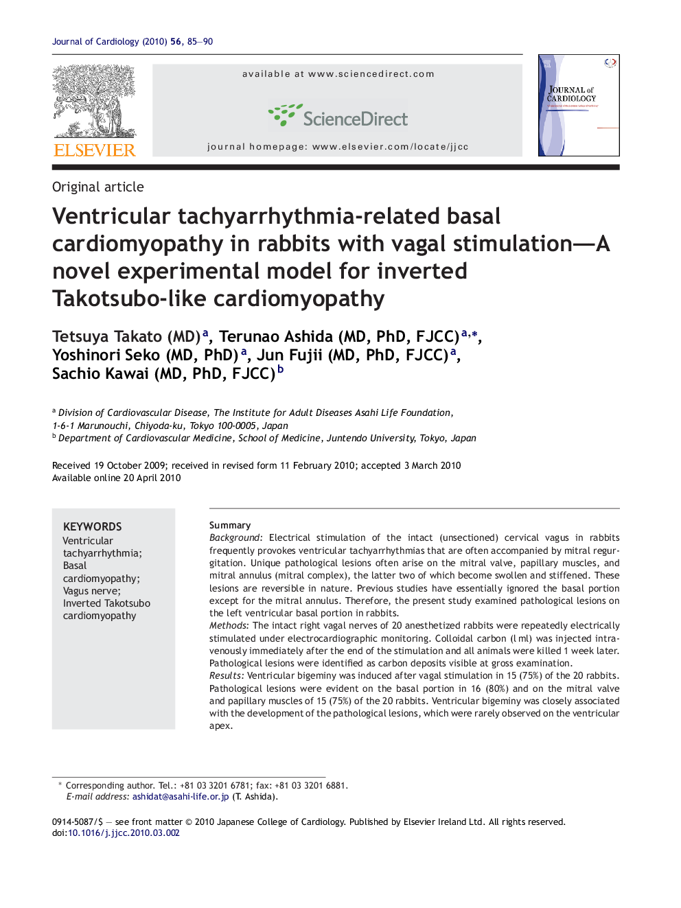 Ventricular tachyarrhythmia-related basal cardiomyopathy in rabbits with vagal stimulation—A novel experimental model for inverted Takotsubo-like cardiomyopathy